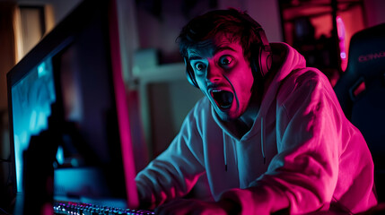 A man or gamer shocked in front of PC while playing video game.