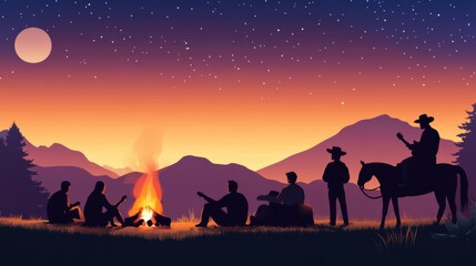 Fototapeta premium Silhouetted group enjoying music around a campfire under a starry sky, AI