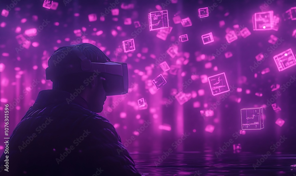 Poster a person in vr goggles is immersed in a vibrant, pink-lit digital world filled with floating icons a
