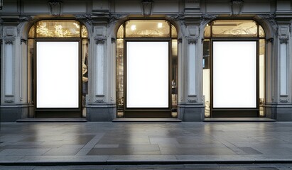 entrance to an old luxury store white blank posters 