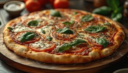 Close-up of a Margherita Pizza with Fresh Basil and Tomatoes