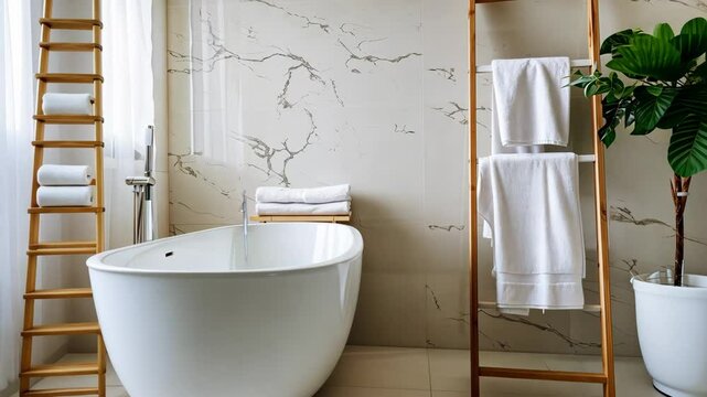 Stylish bathroom with white walls and marble design, featuring a freestanding bathtub, green potted plant, and wooden ladder towel rack.
