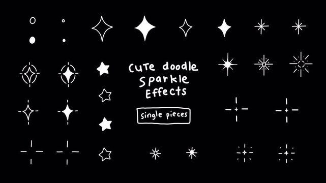 Set of cute doodle sparkle effects set4, single individual pieces, shinning stars, glowing, magic twinkle, glitter glimmer, wink, hand-drawn sticker animation, on a transparent background, alpha
