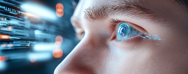 Security risks cybersecurity phishing concept The image depicts a close-up of a human eye enhanced with digital elements, illustrating themes of technology, vision, and innovation.