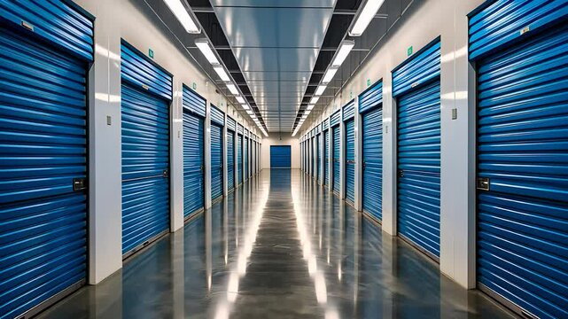  Storage Facility Corridor with Rows of Blue Rolling Doors