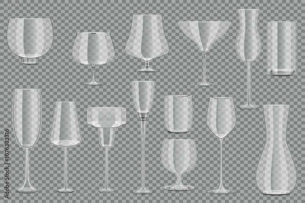Poster glass goblets set elements in flat graphic design. collection of realistic clear transparent glasswa