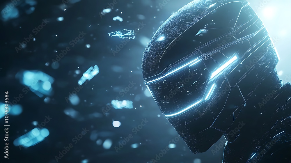 Aufkleber A futuristic humanoid figure with glowing lines in a dark, icy environment, surrounded by floating shards, evoking a sci-fi aesthetic.