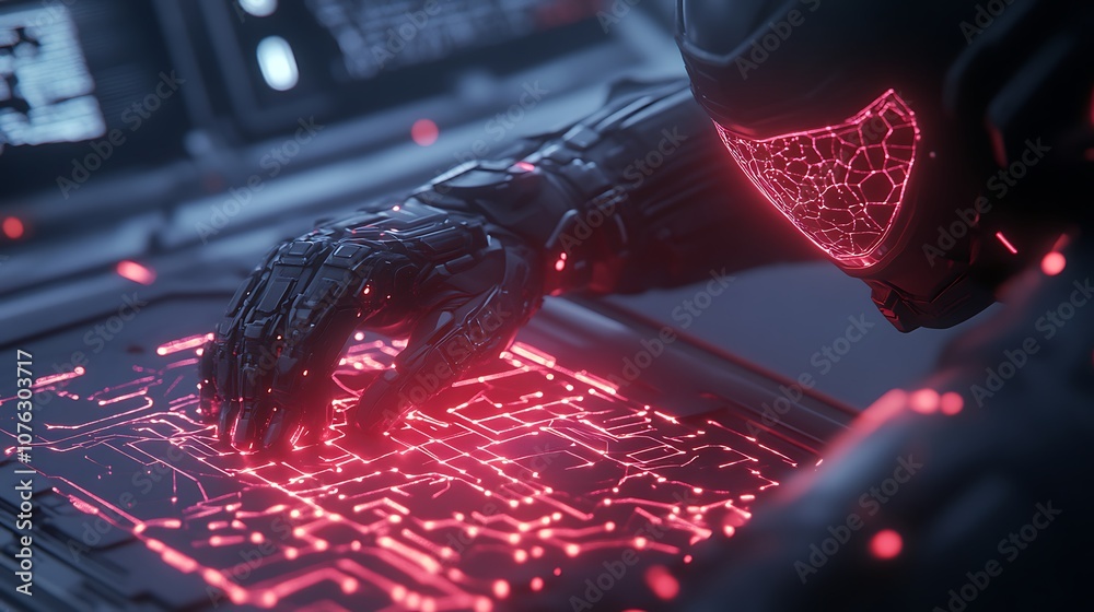 Poster a futuristic, cybernetic hand interacts with a glowing red circuit interface, suggesting advanced te