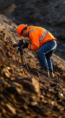 A construction worker captures detailed images of terrain while wearing safety gear amidst an active work site.