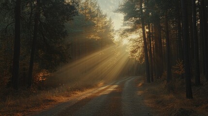 Fototapeta premium A serene forest path illuminated by sunlight, creating a tranquil and inviting atmosphere.