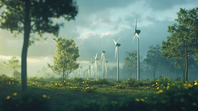 Wind turbines in a sustainable energy farm, with AI technology optimizing the efficiency of wind energy production