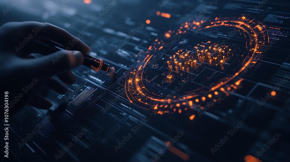 Aufkleber A hand interacts with a glowing digital interface, featuring intricate patterns and vibrant colors, indicative of advanced technology and data visualization.