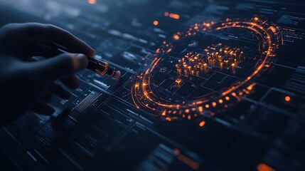 A hand interacts with a glowing digital interface, featuring intricate patterns and vibrant colors, indicative of advanced technology and data visualization.