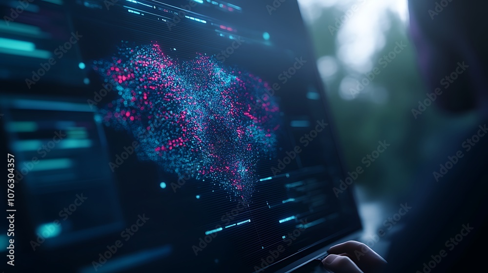 Poster A close-up of a person interacting with a laptop displaying a vibrant, abstract data visualization, surrounded by a blurred natural background.