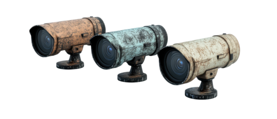 Vintage surveillance cameras in various colors. transparent background