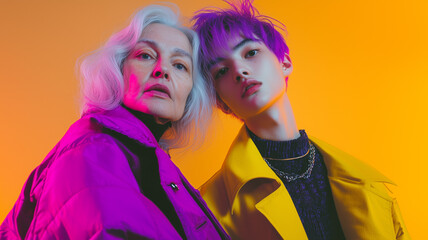 Naklejka premium a portrait of a young man and an elderly woman, both dressed in stylish purple and yellow outfits