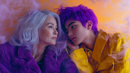 Obraz premium a portrait of a young man and an elderly woman, both dressed in stylish purple and yellow outfits