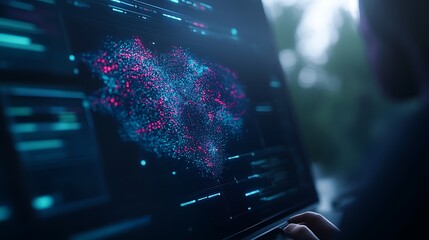 A close-up of a person interacting with a laptop displaying a vibrant, abstract data visualization, surrounded by a blurred natural background.