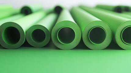 Vibrant green rolls of crafting paper arranged neatly, showcasing their smooth texture and vivid color in daylight. Generative AI