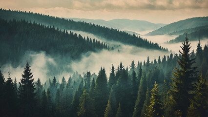 Vintage Misty Landscape with Fir Forest in Retro Hipster Style