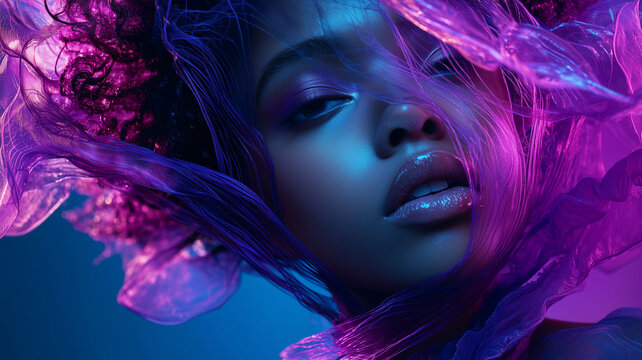 a close-up portrait of a woman with wet hair, surrounded by glowing jellyfish - Powered by Adobe