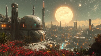 Obraz premium Futuristic Cityscape under a Giant Moon