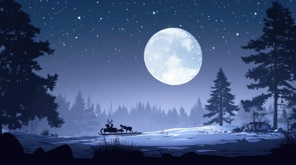 Naklejka premium A Serene Winter Night with a Full Moon Illuminating a Sleigh and Reindeer in a Snowy Forest Under a Starry Sky