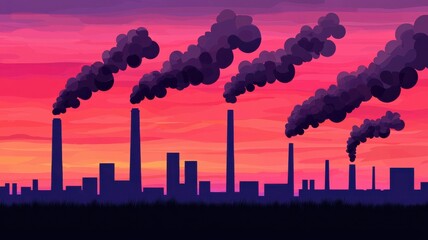 Obraz premium A silhouetted skyline features smokestacks releasing dark smoke against a vibrant sunset, highlighting pollution and industrial activity.