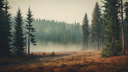 Vintage Misty Landscape with Fir Forest in Retro Hipster Style
