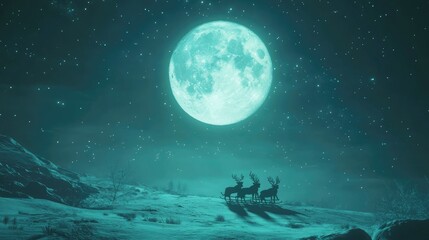 Naklejka premium Ethereal Winter Night with Reindeer Silhouettes Beneath a Majestic Blue Moon and Sparkling Stars in a Tranquil Snowy Landscape