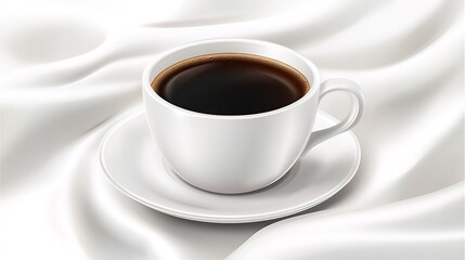 Obraz premium A white porcelain cup of black coffee with a saucer sits on a white satin fabric.