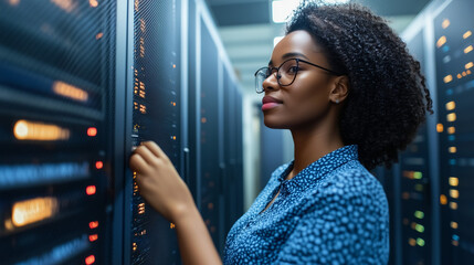 African american woman working in server room, focused and confident