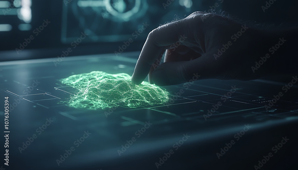 Fototapete A hand interacts with a glowing holographic display, showcasing a digital map or data visualization in a futuristic environment.