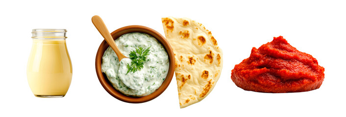 Naklejka premium Creamy mayonnaise, tzatziki with dill and naan bread, red pepper paste, isolated on white background