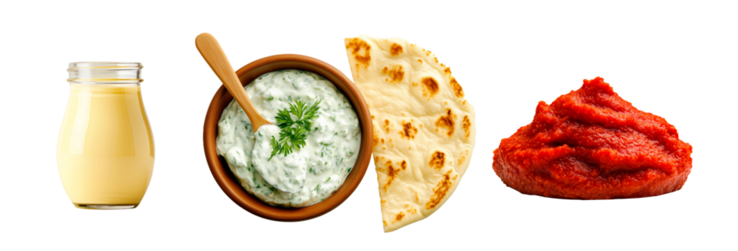 Creamy mayonnaise, tzatziki with dill and naan bread, red pepper paste, isolated on white background - Powered by Adobe