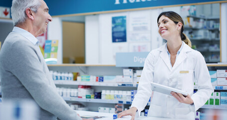 Happy pharmacist, tablet and consultation with customer for help, advice or prescription in retail...