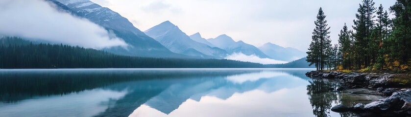 Fototapeta premium Serene lake surrounded by misty mountains.