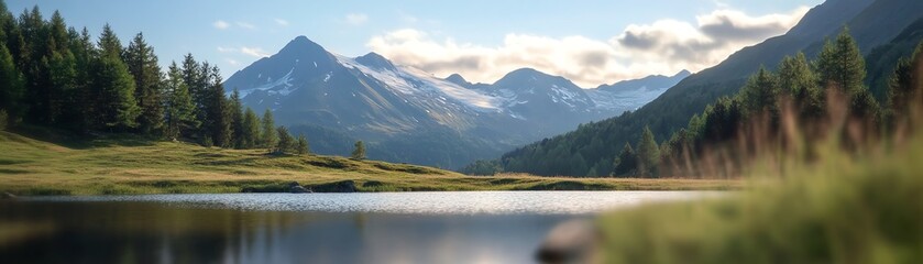 Serene mountain reflection in calm lake.