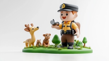 Cute Ranger with Animals in a Playful Forest Scene