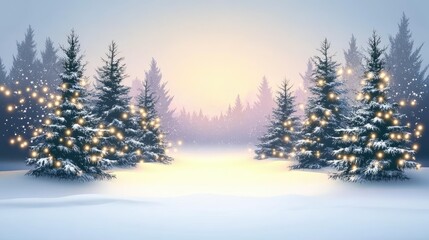 Fototapeta premium Serene Winter Wonderland with Snow-Covered Trees and Soft Glow of Decorative Lights at Dusk, Perfect for Holiday Themes and Seasonal Celebrations
