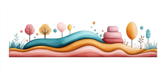 A vibrant, abstract landscape featuring colorful trees and rolling hills in a whimsical style. Perfect for creative designs.