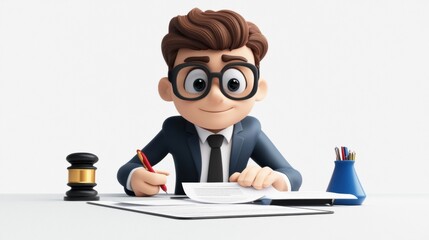 Cartoon Lawyer Signing Papers with Confidence