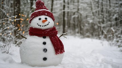Fototapeta premium Charming Snowman in a Winter Forest Setting Surrounded by Snow-Laden Trees and a Pathway Illuminated by Soft Lights for Seasonal Imagery and Holiday Spirit