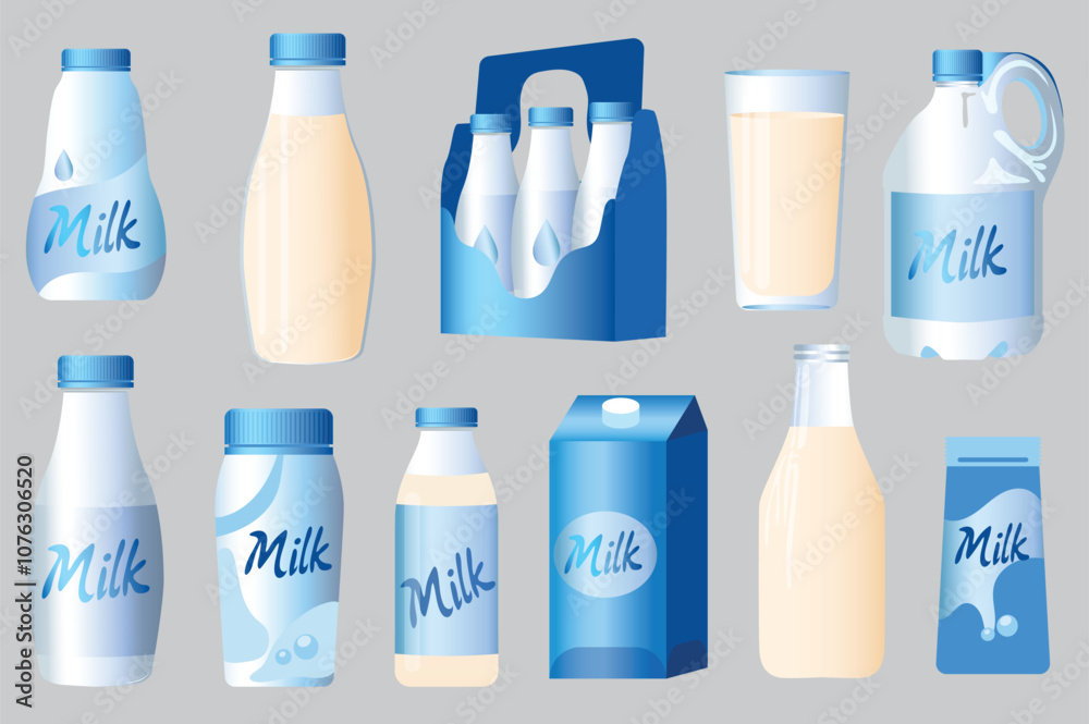 Poster milk bottle elements in flat graphic design. collection of different types of dairy drink containers