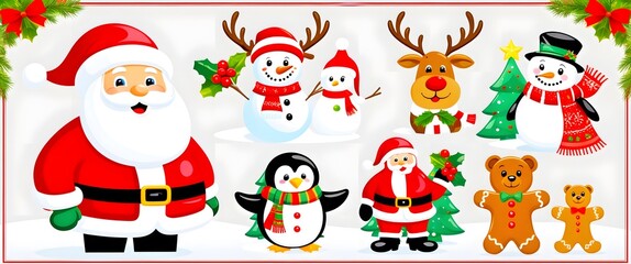 Cheerful Christmas Characters and Festive Decorations Including Santa, Snowmen, Reindeer, Penguins, and Holiday Treats for a Vibrant Seasonal Celebration