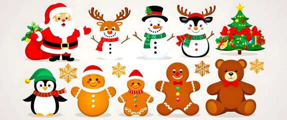 Colorful and Cheerful Holiday Characters Including Santa, Snowmen, Reindeer, Penguins, Gingerbread Men, and Christmas Tree for Festive Celebrations and Events