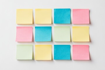 Collection of blank pastel sticky notes organized on a white background