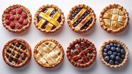 Six different pies with various fillings and intricate lattice crusts on a marble surface, emphasizing the concept of baking, dessert, and culinary craftsmanship. Concept of dessert, baking, culinary