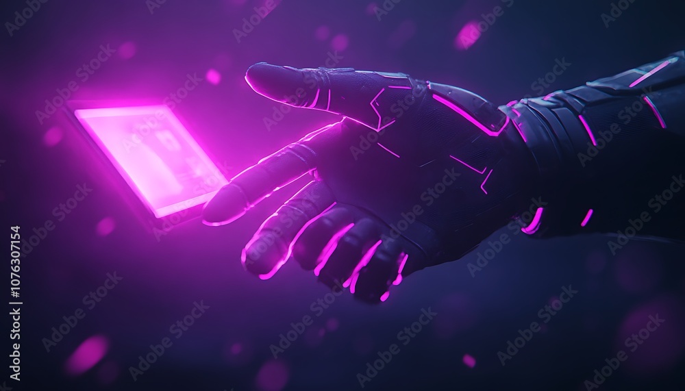 Poster a futuristic hand holds a glowing pink object, set against a dark, abstract background, symbolizing 