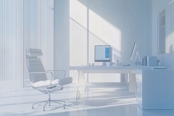 Fototapeta premium Minimalist White Office Interior Design with Desk, Chair, and Sunlight